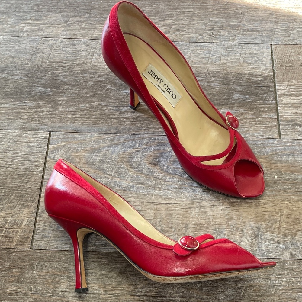 Jimmy Choo Leather Peep Toe Heels with Buckle Accent Vintage